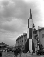 A captured V2 rocket being prepared for display at the Canadian National Exhibition grounds in Toronto in 1950.
