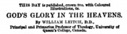 Advert announcing the first edition of William Leitch's book "God's Glory in the Heavens"